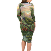 Bellbird New Zealand Personalised Family Matching Long Sleeve Bodycon Dress and Hawaiian Shirt Korimako Harakeke Flower Native Forest LT22 - Polynesian Pride