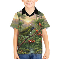 Bellbird New Zealand Personalised Family Matching Long Sleeve Bodycon Dress and Hawaiian Shirt Korimako Harakeke Flower Native Forest LT22 Son's Shirt Green - Polynesian Pride