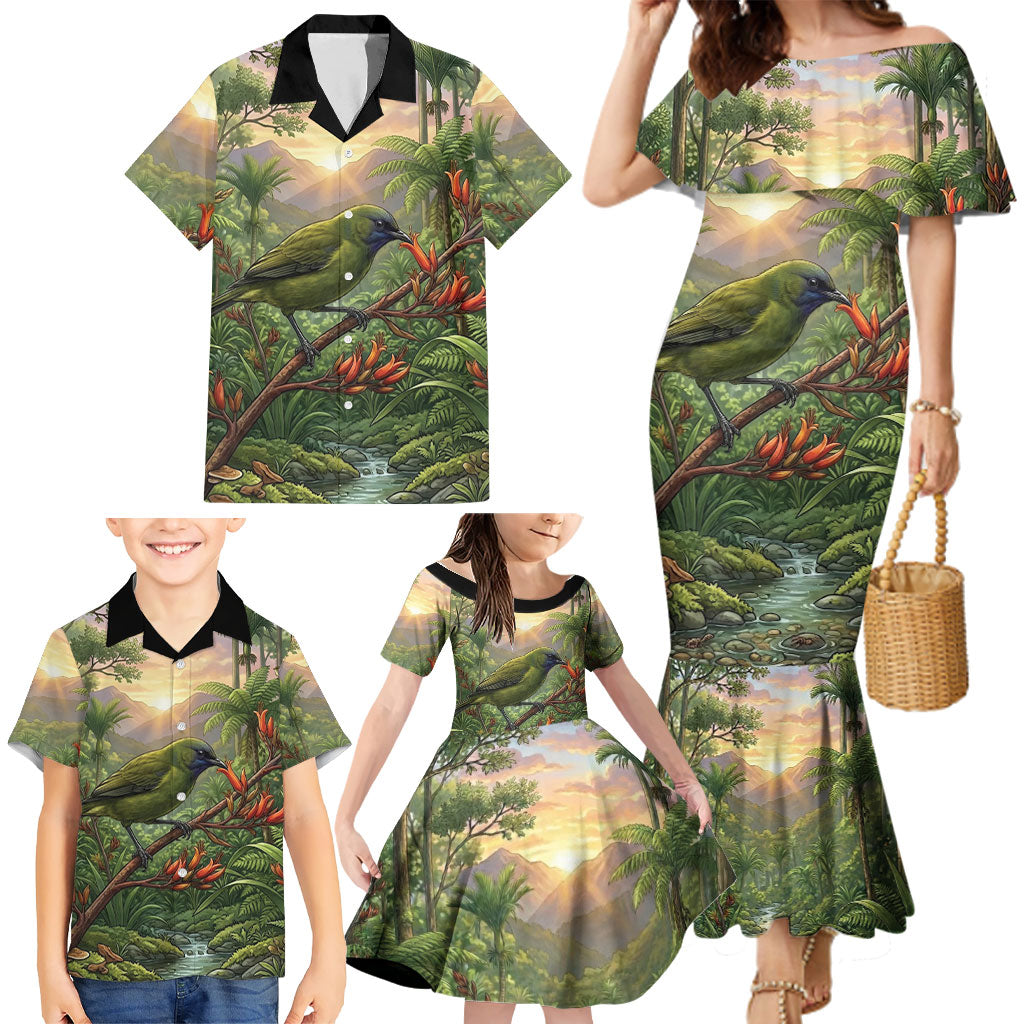 Bellbird New Zealand Personalised Family Matching Mermaid Dress and Hawaiian Shirt Korimako Harakeke Flower Native Forest