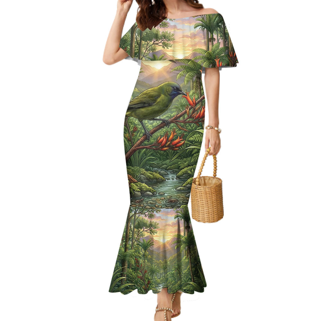 Bellbird New Zealand Personalised Family Matching Mermaid Dress and Hawaiian Shirt Korimako Harakeke Flower Native Forest LT22 Mom's Dress Green - Polynesian Pride