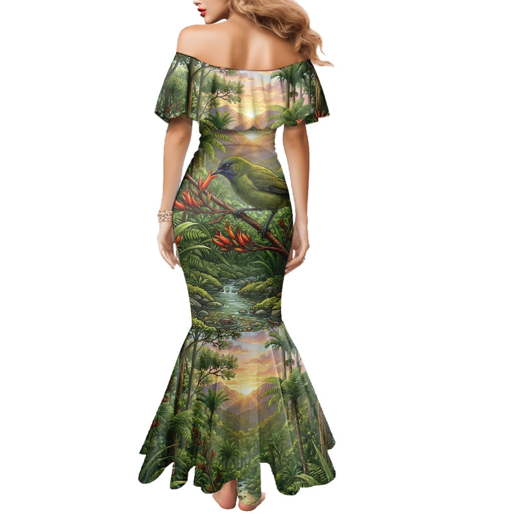 Bellbird New Zealand Personalised Family Matching Mermaid Dress and Hawaiian Shirt Korimako Harakeke Flower Native Forest LT22 - Polynesian Pride