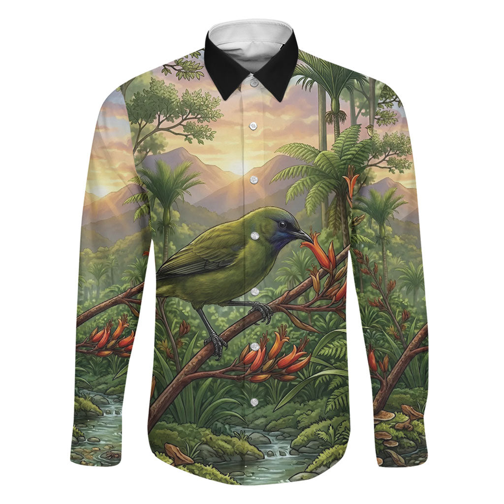 Bellbird New Zealand Personalised Family Matching Off The Shoulder Long Sleeve Dress and Hawaiian Shirt Korimako Harakeke Flower Native Forest LT22 Dad's Shirt - Long Sleeve Green - Polynesian Pride