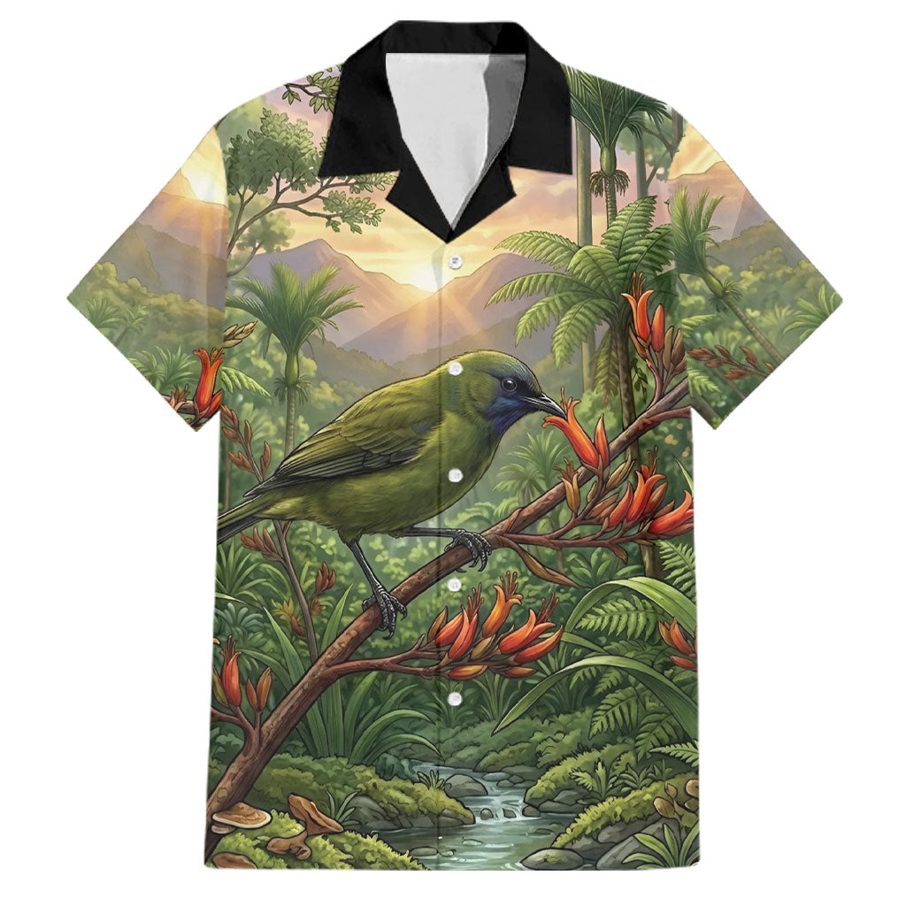 Bellbird New Zealand Personalised Family Matching Off Shoulder Maxi Dress and Hawaiian Shirt Korimako Harakeke Flower Native Forest LT22 Dad's Shirt - Short Sleeve Green - Polynesian Pride