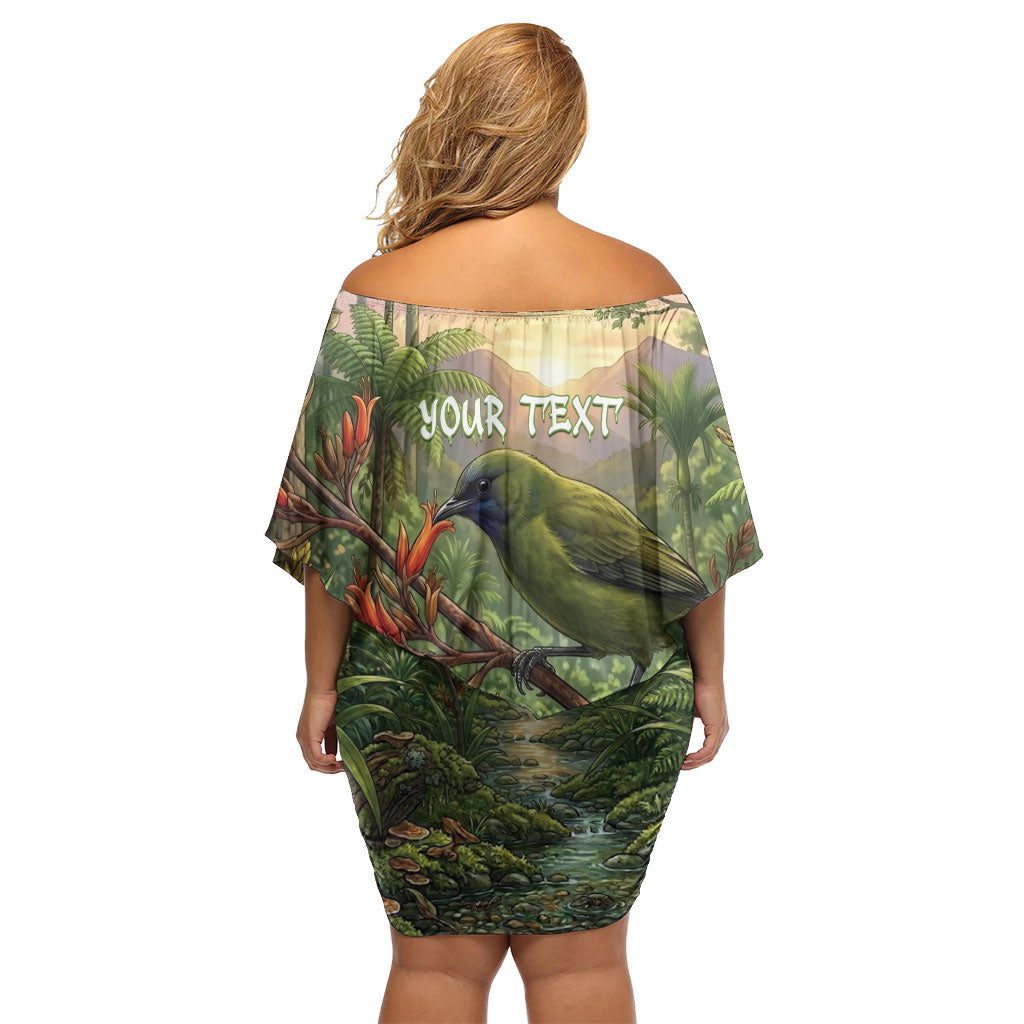 Bellbird New Zealand Personalised Family Matching Off Shoulder Short Dress and Hawaiian Shirt Korimako Harakeke Flower Native Forest LT22 - Polynesian Pride