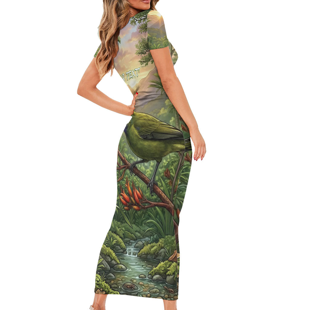 Bellbird New Zealand Personalised Family Matching Short Sleeve Bodycon Dress and Hawaiian Shirt Korimako Harakeke Flower Native Forest LT22 - Polynesian Pride