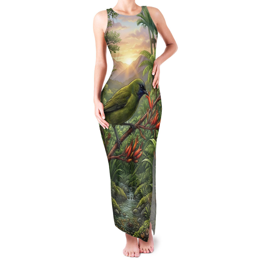 Bellbird New Zealand Personalised Family Matching Tank Maxi Dress and Hawaiian Shirt Korimako Harakeke Flower Native Forest LT22 Mom's Dress Green - Polynesian Pride