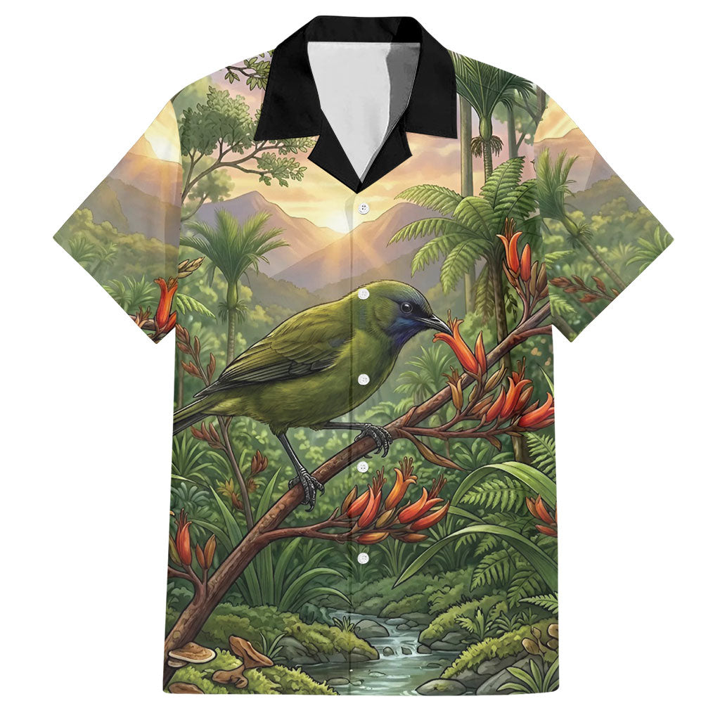 Bellbird New Zealand Personalised Hawaiian Shirt Korimako Harakeke Flower Native Forest