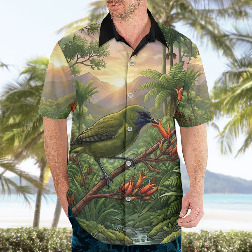 Bellbird New Zealand Personalised Hawaiian Shirt Korimako Harakeke Flower Native Forest