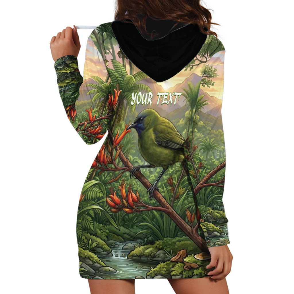 Bellbird New Zealand Personalised Hoodie Dress Korimako Harakeke Flower Native Forest LT22 - Polynesian Pride