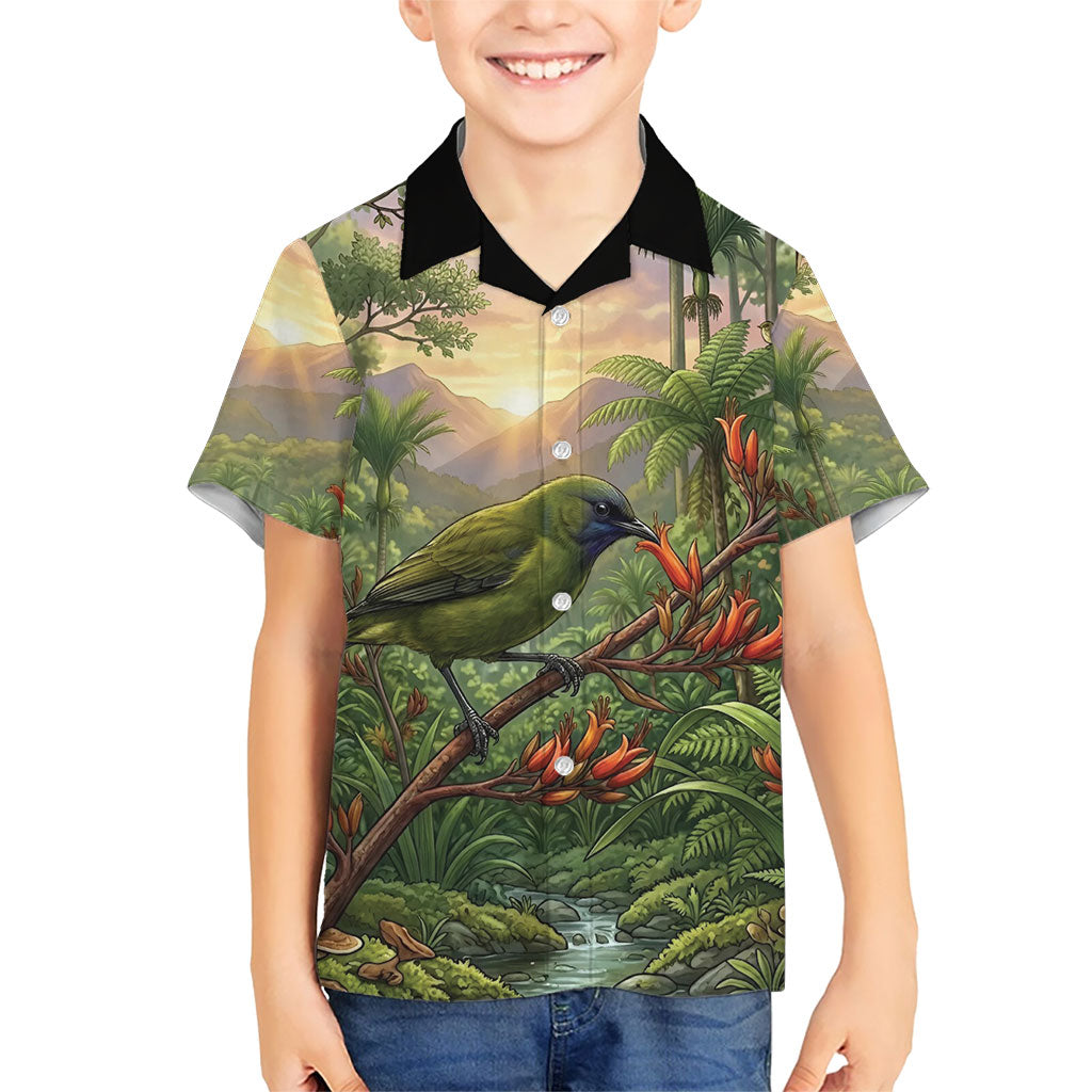 Bellbird New Zealand Personalised Kid Hawaiian Shirt Korimako Harakeke Flower Native Forest