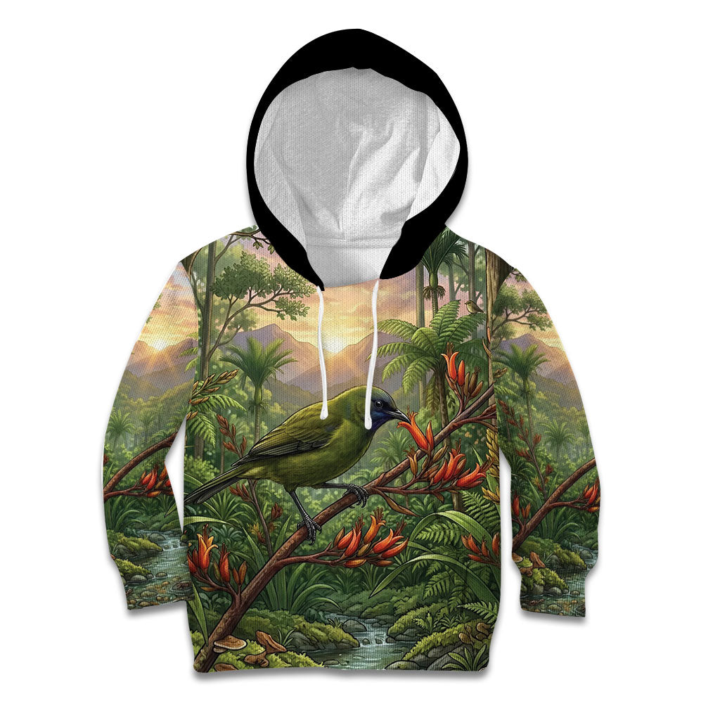 Bellbird New Zealand Personalised Kid Hoodie Korimako Harakeke Flower Native Forest