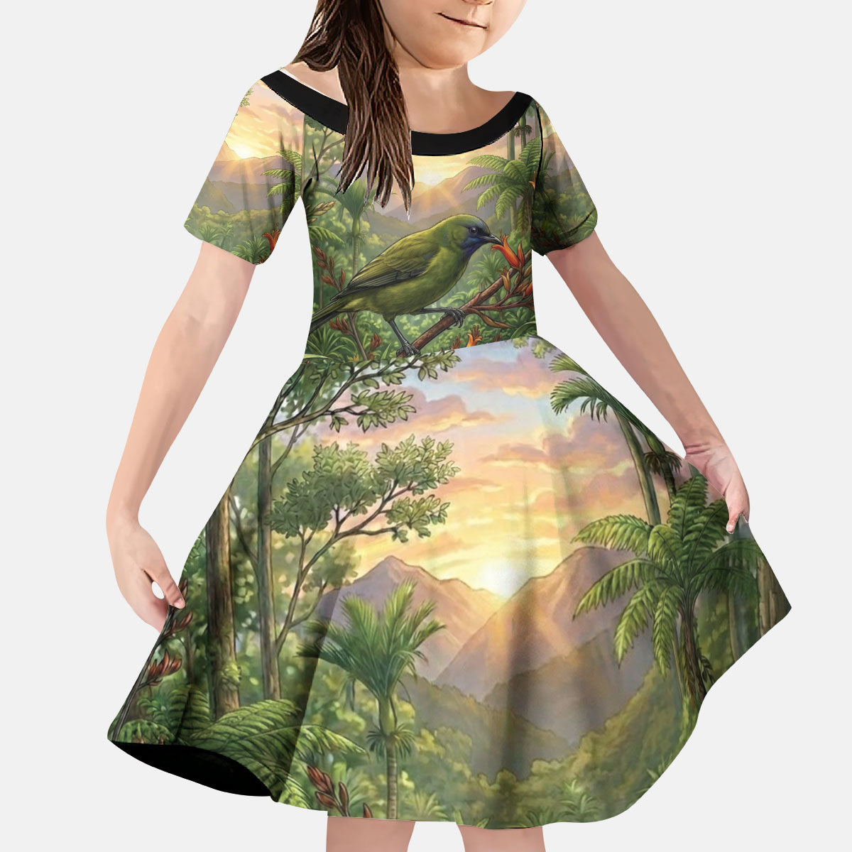 Bellbird New Zealand Personalised Kid Short Sleeve Dress Korimako Harakeke Flower Native Forest LT22 KID Green - Polynesian Pride