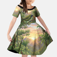Bellbird New Zealand Personalised Kid Short Sleeve Dress Korimako Harakeke Flower Native Forest LT22 KID Green - Polynesian Pride