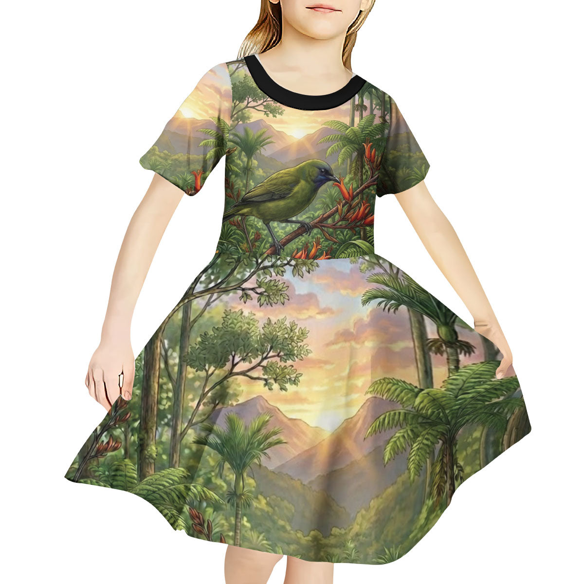 Bellbird New Zealand Personalised Kid Short Sleeve Dress Korimako Harakeke Flower Native Forest LT22 - Polynesian Pride