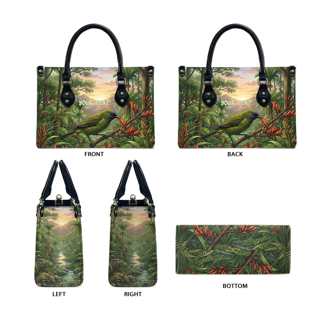 Bellbird New Zealand Personalised Leather Bag Korimako Harakeke Flower Native Forest