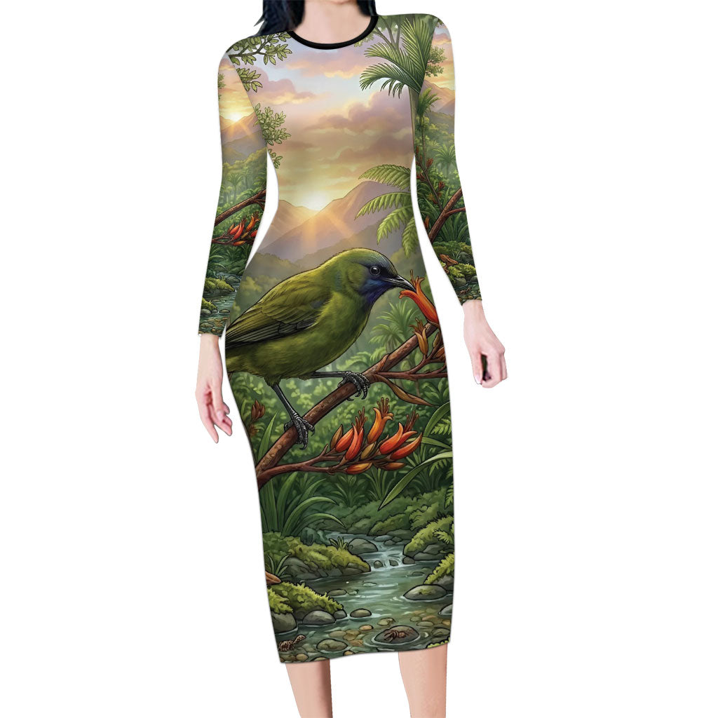 Bellbird New Zealand Personalised Long Sleeve Bodycon Dress Korimako Harakeke Flower Native Forest