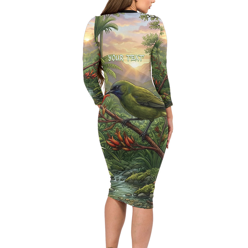 Bellbird New Zealand Personalised Long Sleeve Bodycon Dress Korimako Harakeke Flower Native Forest LT22 - Polynesian Pride