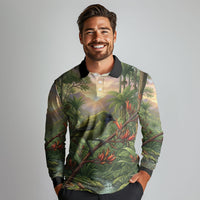 Bellbird New Zealand Personalised Long Sleeve Polo Shirt Korimako Harakeke Flower Native Forest LT22 - Polynesian Pride