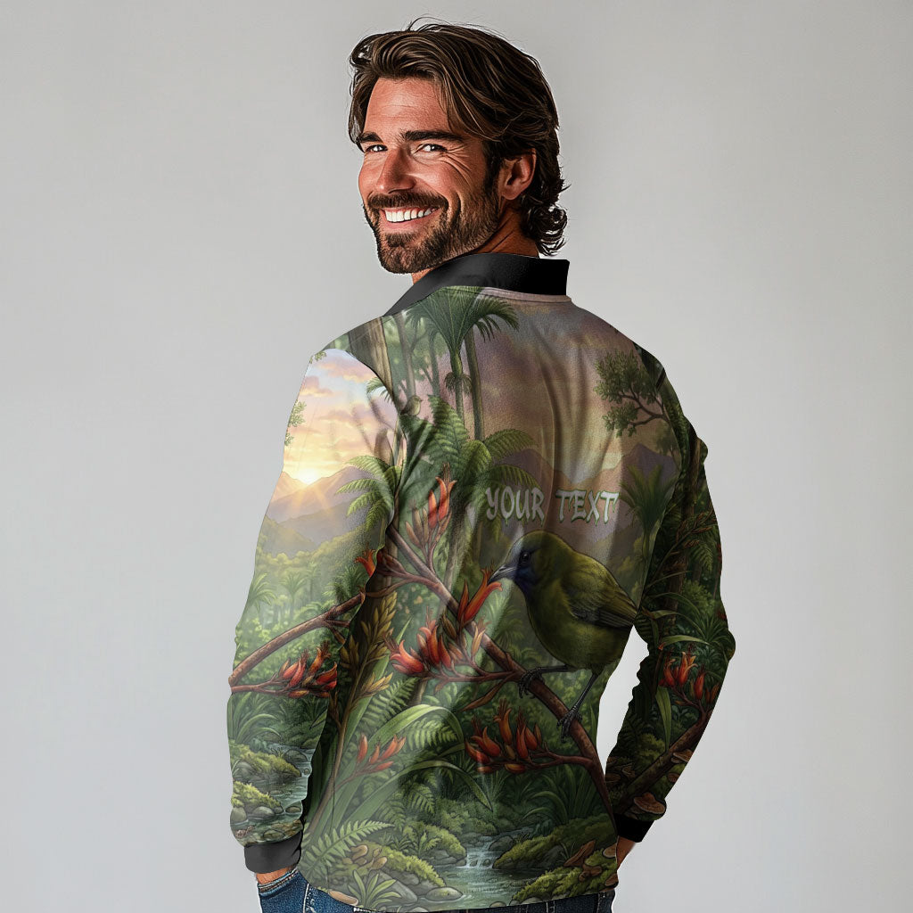 Bellbird New Zealand Personalised Long Sleeve Polo Shirt Korimako Harakeke Flower Native Forest LT22 - Polynesian Pride