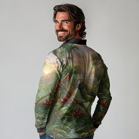 Bellbird New Zealand Personalised Long Sleeve Polo Shirt Korimako Harakeke Flower Native Forest LT22 - Polynesian Pride