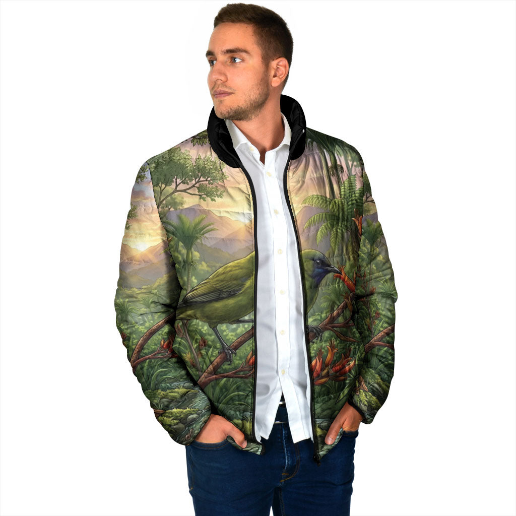 Bellbird New Zealand Personalised Padded Jacket Korimako Harakeke Flower Native Forest