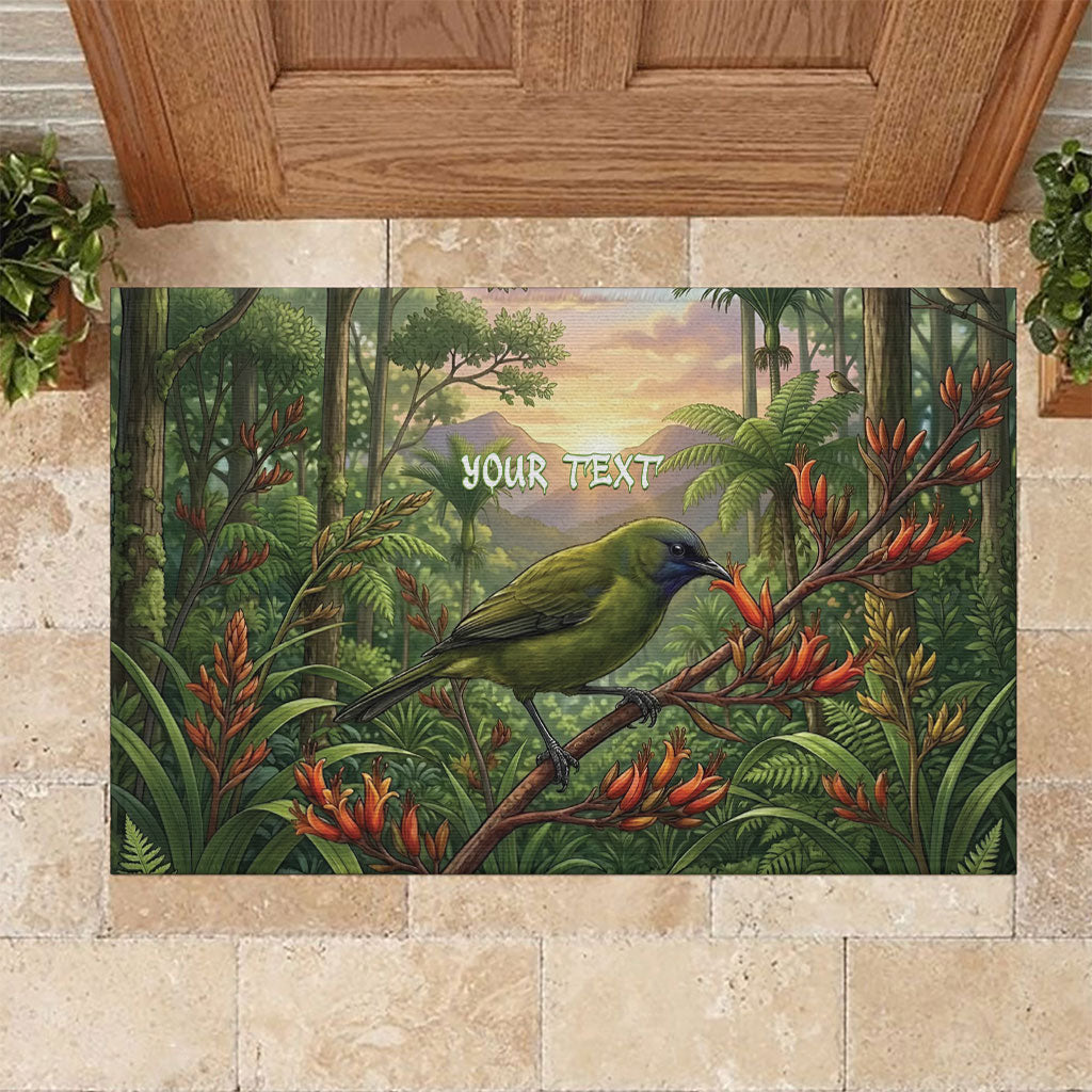Bellbird New Zealand Personalised Rubber Doormat Korimako Harakeke Flower Native Forest LT22 Green - Polynesian Pride