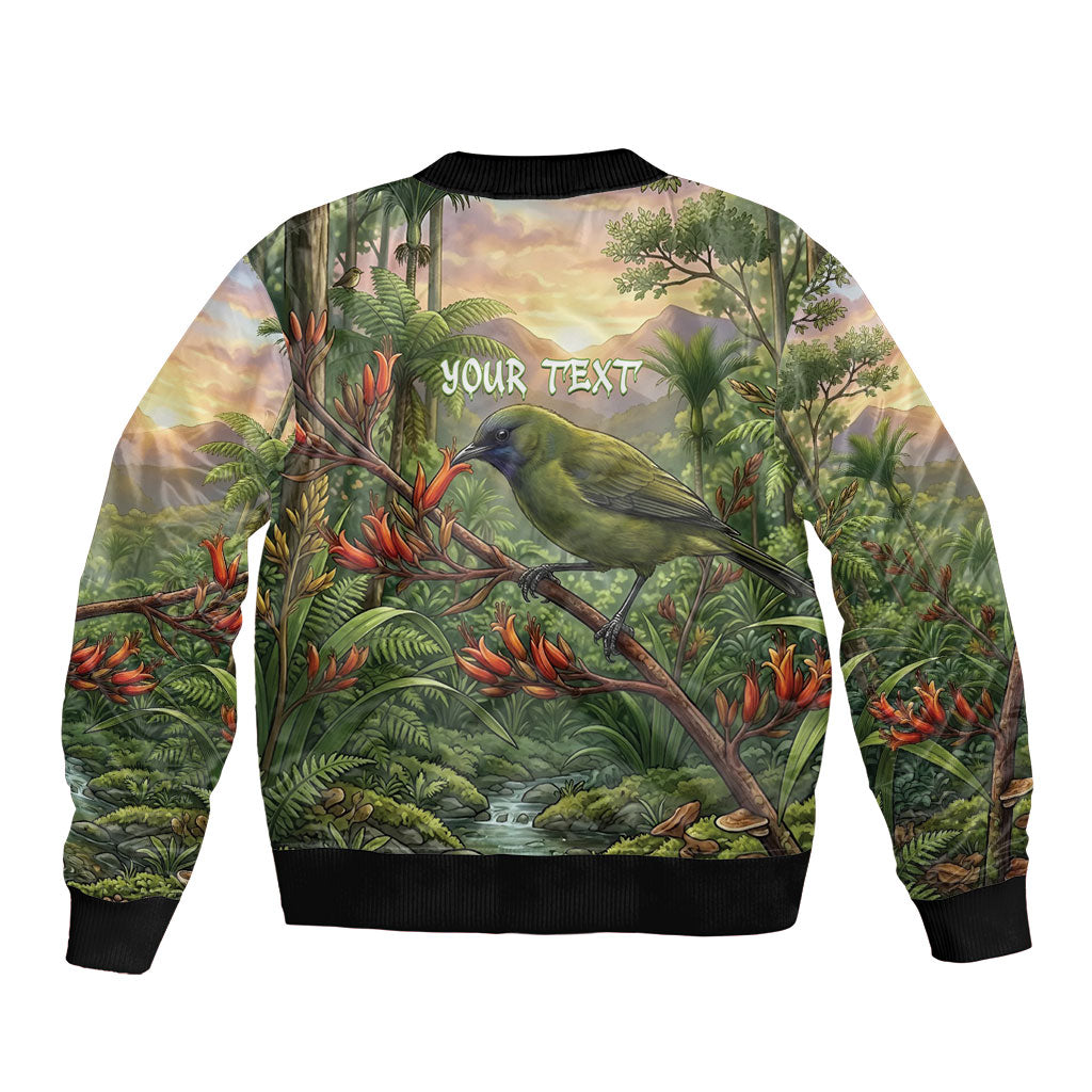 Bellbird New Zealand Personalised Sleeve Zip Bomber Jacket Korimako Harakeke Flower Native Forest