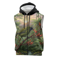Bellbird New Zealand Personalised Sleeveless Zip Hoodie Korimako Harakeke Flower Native Forest LT22 Green - Polynesian Pride