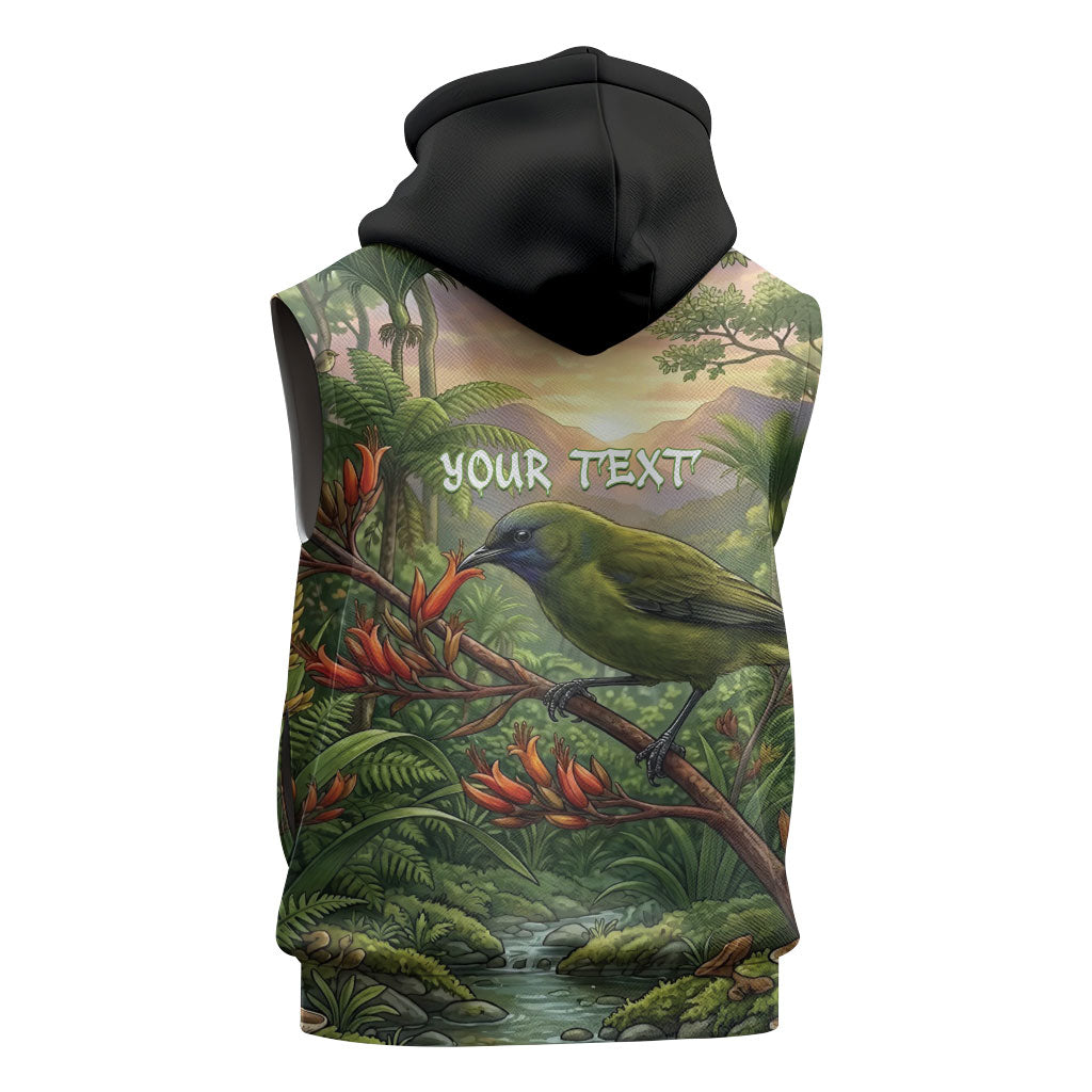Bellbird New Zealand Personalised Sleeveless Zip Hoodie Korimako Harakeke Flower Native Forest LT22 - Polynesian Pride