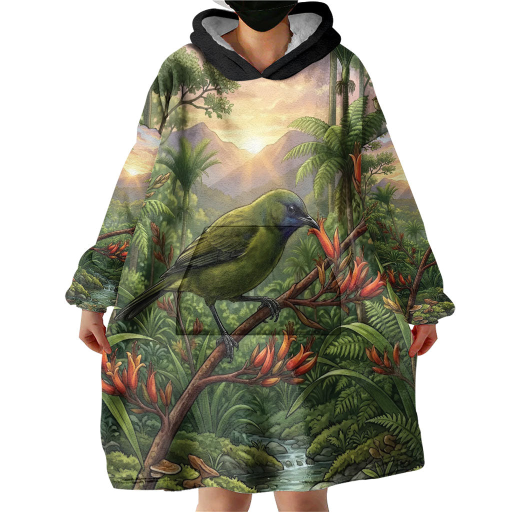 Bellbird New Zealand Personalised Wearable Blanket Hoodie Korimako Harakeke Flower Native Forest LT22 - Polynesian Pride