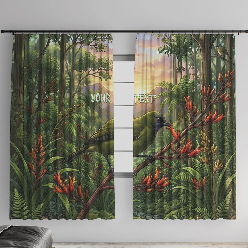 Bellbird New Zealand Personalised Window Curtain Korimako Harakeke Flower Native Forest LT22 With Hooks Green - Polynesian Pride