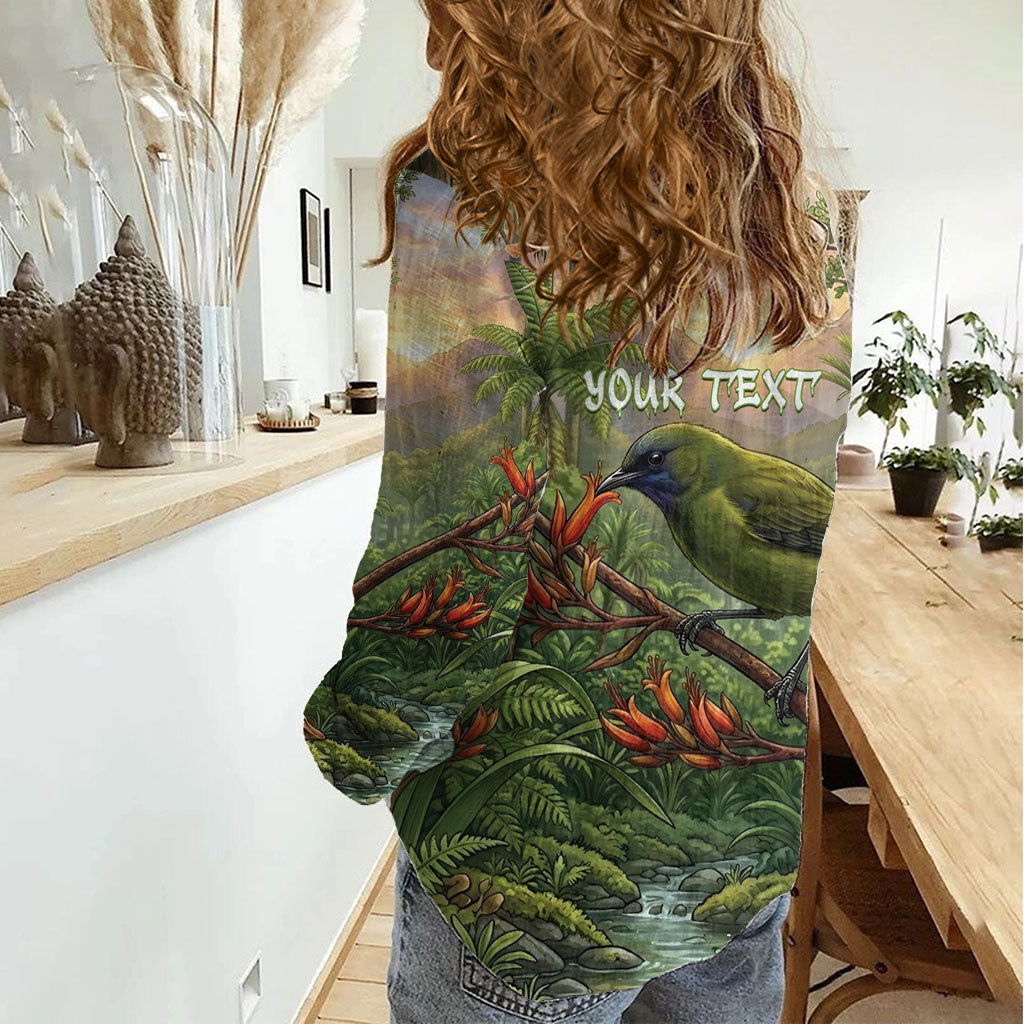 Bellbird New Zealand Personalised Women Casual Shirt Korimako Harakeke Flower Native Forest LT22 - Polynesian Pride