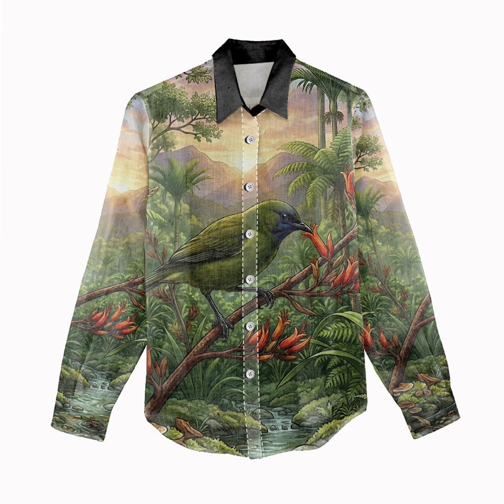 Bellbird New Zealand Personalised Women Casual Shirt Korimako Harakeke Flower Native Forest LT22 - Polynesian Pride
