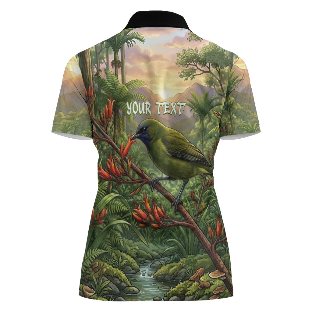 Bellbird New Zealand Personalised Women Polo Shirt Korimako Harakeke Flower Native Forest LT22 - Polynesian Pride