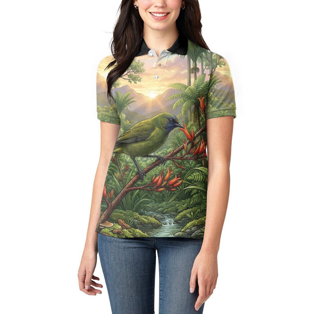 Bellbird New Zealand Personalised Women Polo Shirt Korimako Harakeke Flower Native Forest LT22 - Polynesian Pride