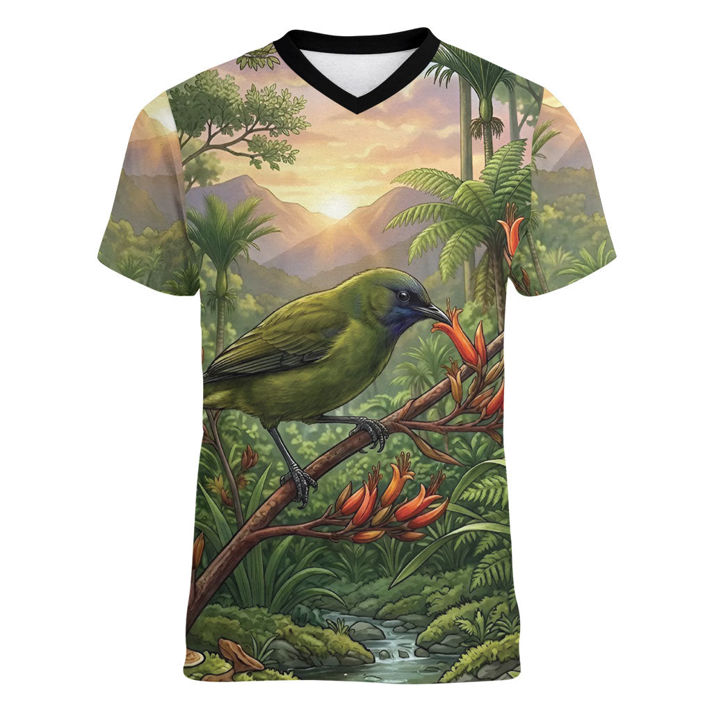 Bellbird New Zealand Personalised Women V-Neck T-Shirt Korimako Harakeke Flower Native Forest