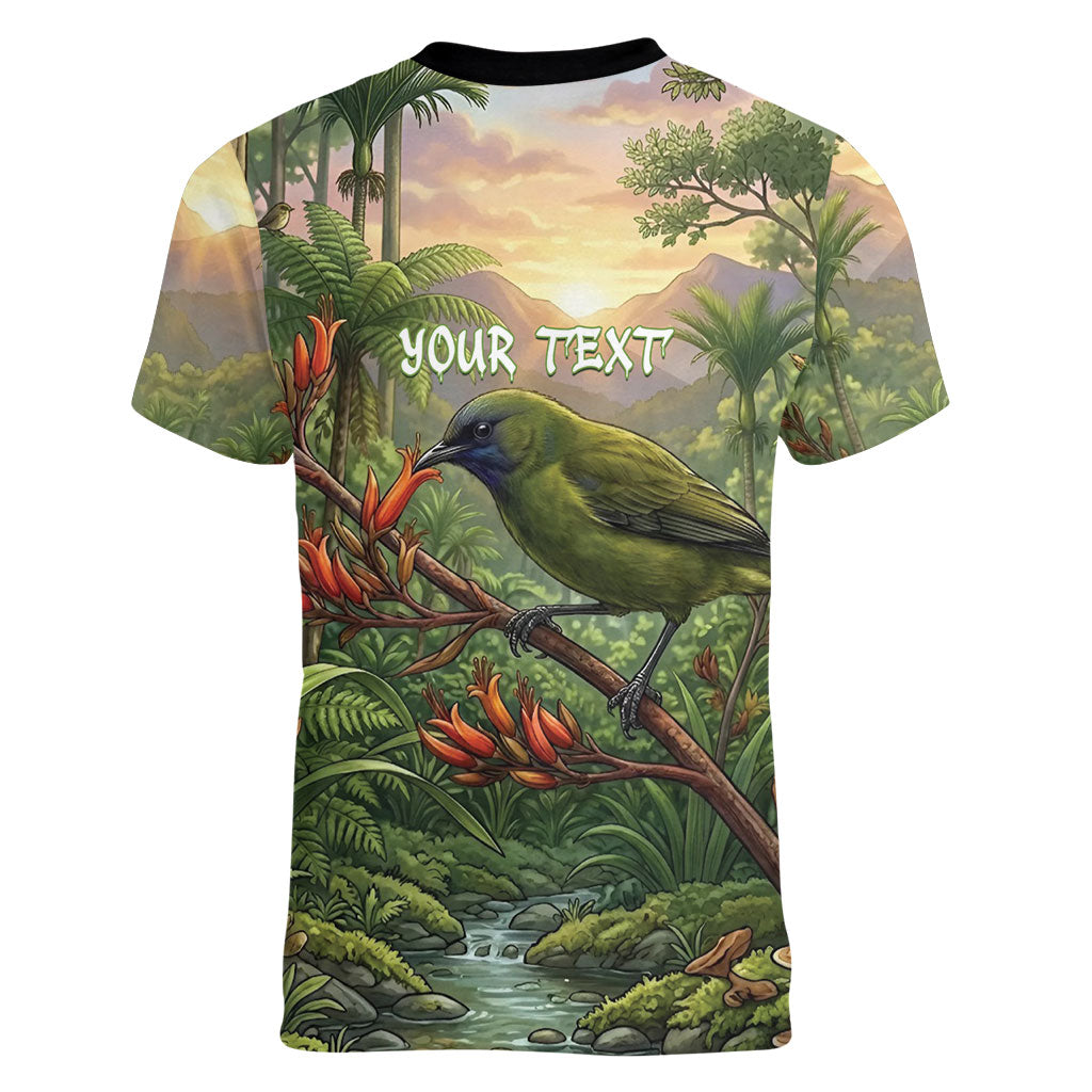 Bellbird New Zealand Personalised Women V-Neck T-Shirt Korimako Harakeke Flower Native Forest LT22 - Polynesian Pride