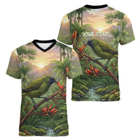 Bellbird New Zealand Personalised Women V-Neck T-Shirt Korimako Harakeke Flower Native Forest LT22 - Polynesian Pride