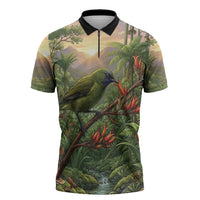 Bellbird New Zealand Personalised Zipper Polo Shirt Korimako Harakeke Flower Native Forest LT22 Green - Polynesian Pride