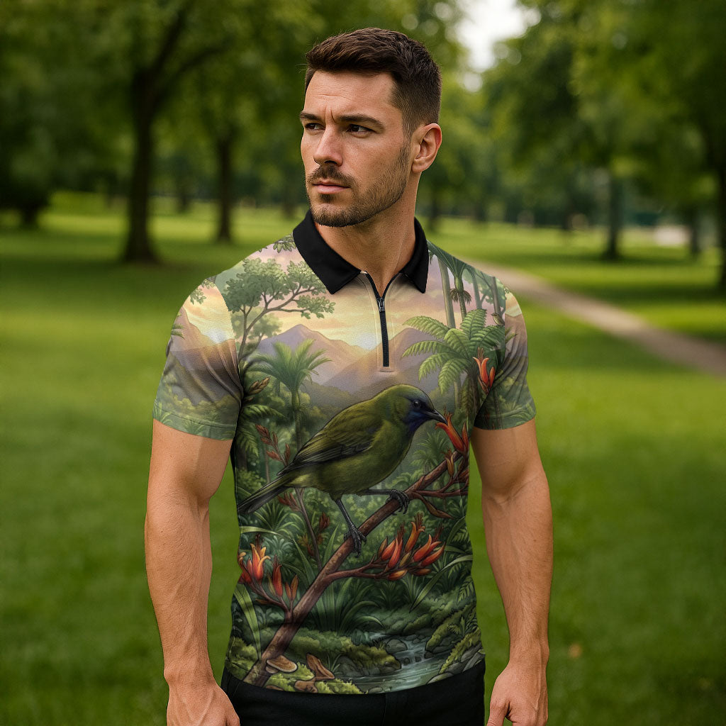 Bellbird New Zealand Personalised Zipper Polo Shirt Korimako Harakeke Flower Native Forest LT22 - Polynesian Pride
