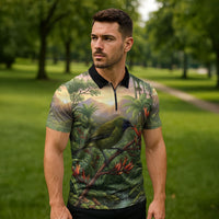 Bellbird New Zealand Personalised Zipper Polo Shirt Korimako Harakeke Flower Native Forest LT22 - Polynesian Pride