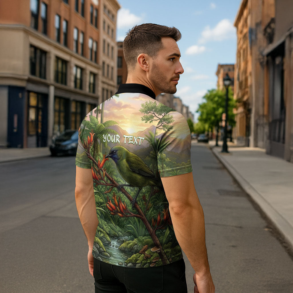 Bellbird New Zealand Personalised Zipper Polo Shirt Korimako Harakeke Flower Native Forest LT22 - Polynesian Pride