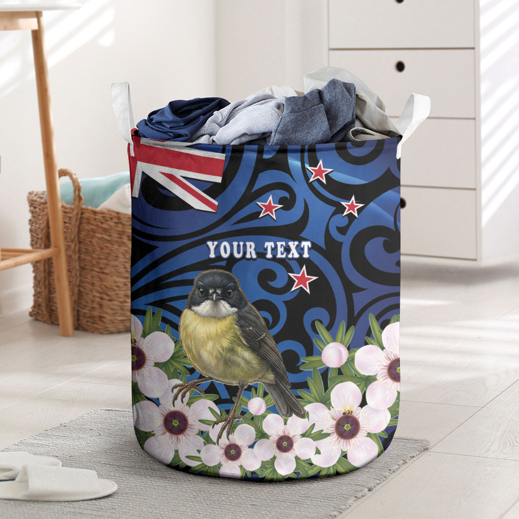 Tomtit New Zealand Personalised Laundry Basket Miromiro Manuka Flower Maori Pattern