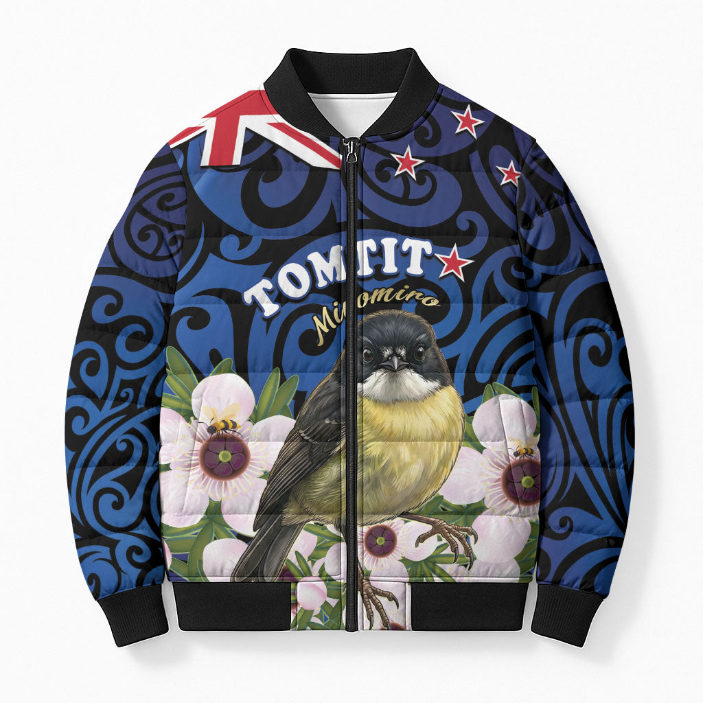 Tomtit New Zealand Personalised Bomber Puffer Jacket Miromiro Manuka Flower Maori Pattern