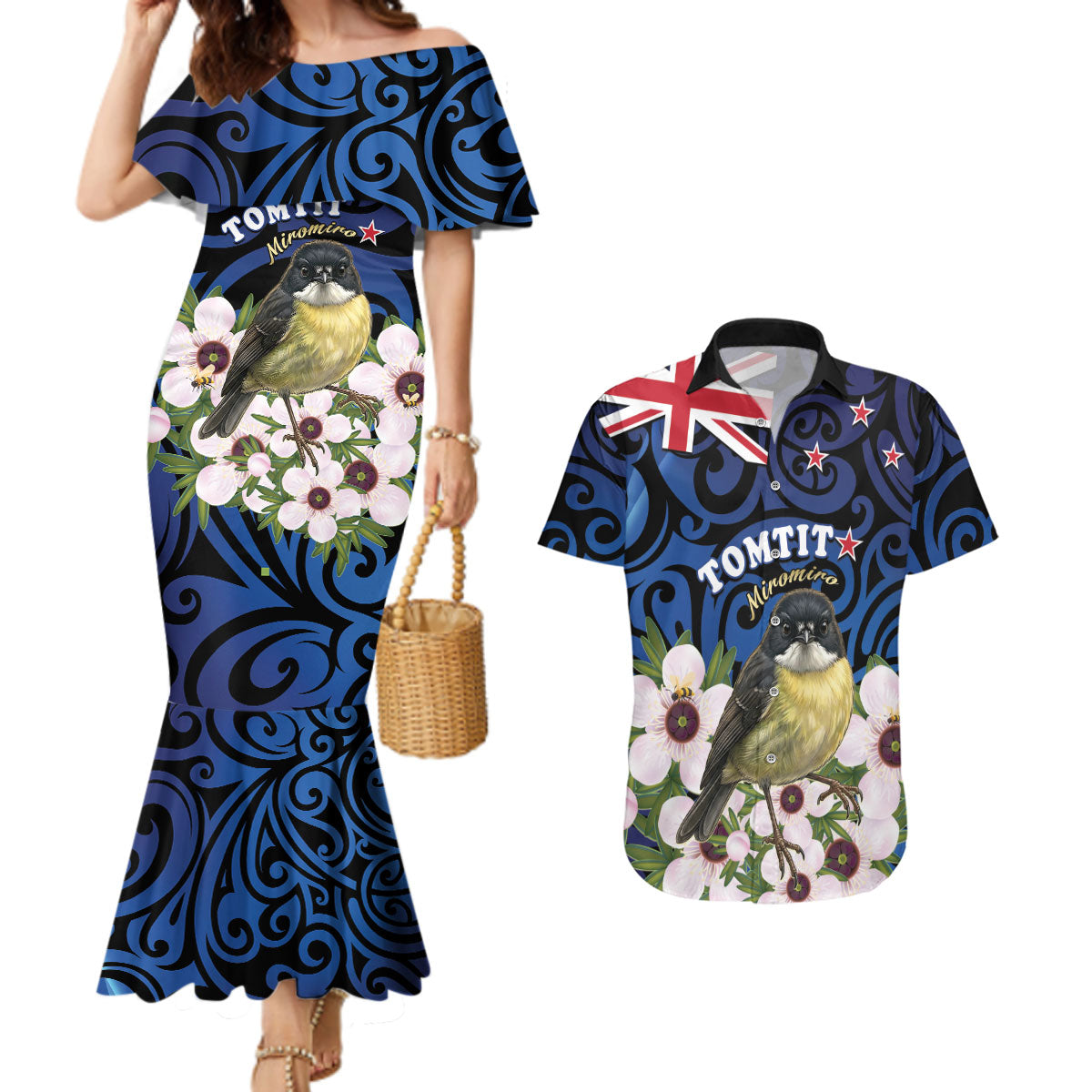 Tomtit New Zealand Personalised Couples Matching Mermaid Dress and Hawaiian Shirt Miromiro Manuka Flower Maori Pattern