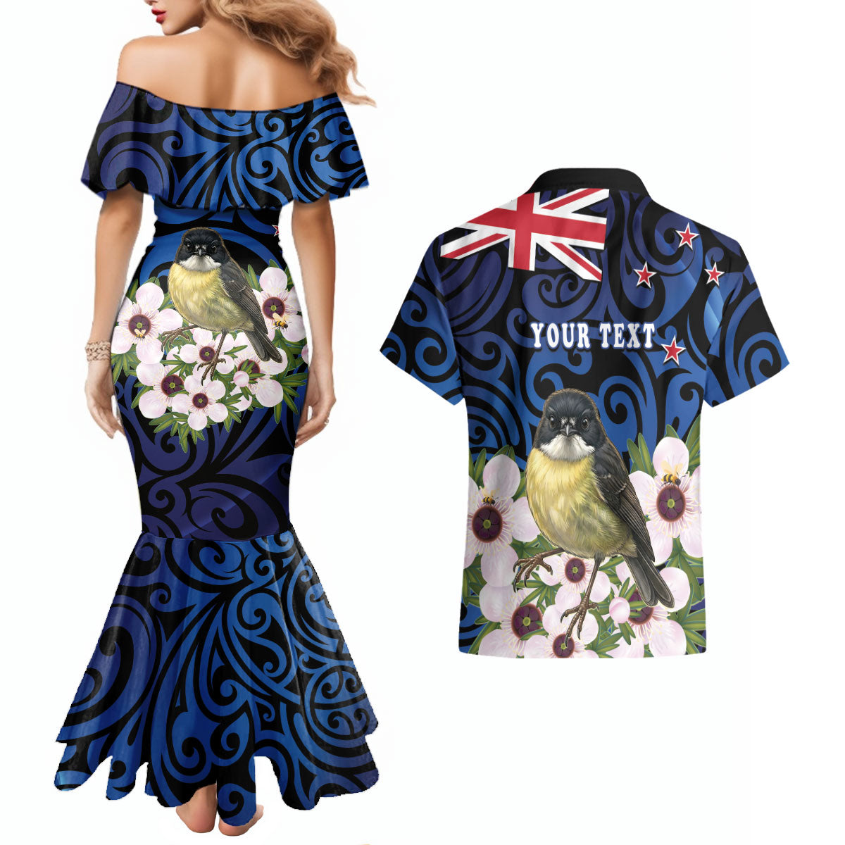 Tomtit New Zealand Personalised Couples Matching Mermaid Dress and Hawaiian Shirt Miromiro Manuka Flower Maori Pattern LT22 - Polynesian Pride