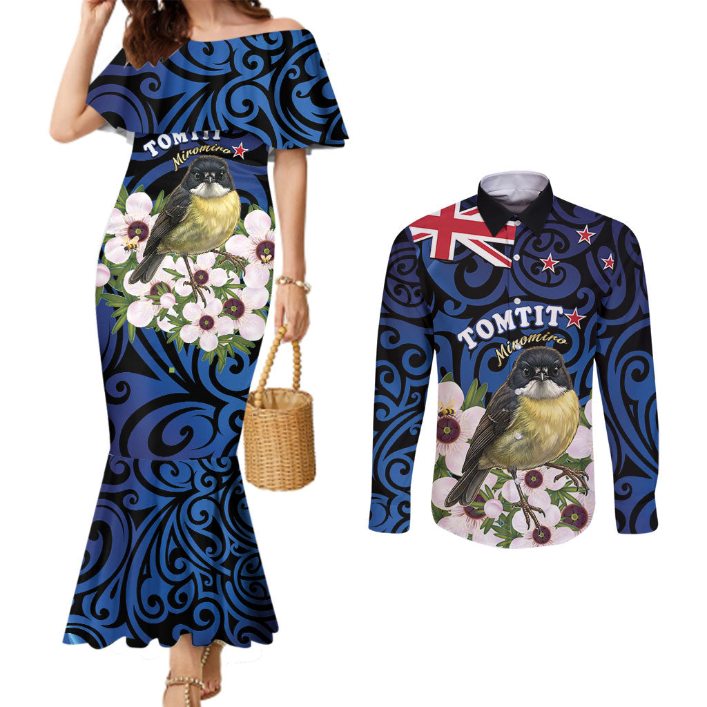 Tomtit New Zealand Personalised Couples Matching Mermaid Dress and Long Sleeve Button Shirt Miromiro Manuka Flower Maori Pattern LT22 Blue - Polynesian Pride