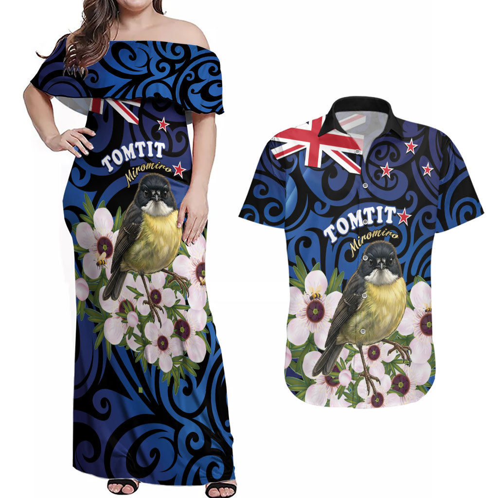Tomtit New Zealand Personalised Couples Matching Off Shoulder Maxi Dress and Hawaiian Shirt Miromiro Manuka Flower Maori Pattern LT22 Blue - Polynesian Pride