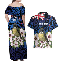 Tomtit New Zealand Personalised Couples Matching Off Shoulder Maxi Dress and Hawaiian Shirt Miromiro Manuka Flower Maori Pattern LT22 - Polynesian Pride