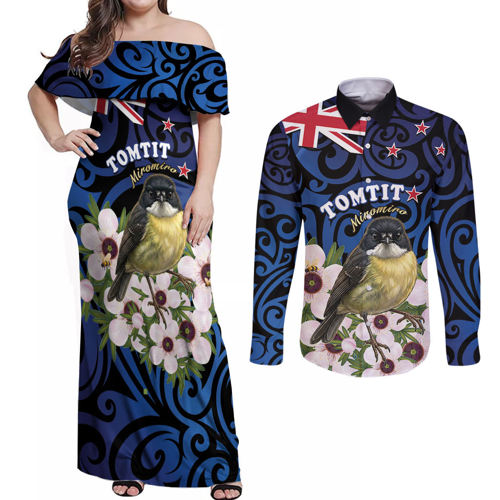 Tomtit New Zealand Personalised Couples Matching Off Shoulder Maxi Dress and Long Sleeve Button Shirt Miromiro Manuka Flower Maori Pattern LT22 Blue - Polynesian Pride